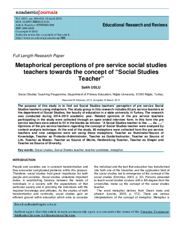 (PDF) Metaphorical perceptions of pre service social studies teachers ...