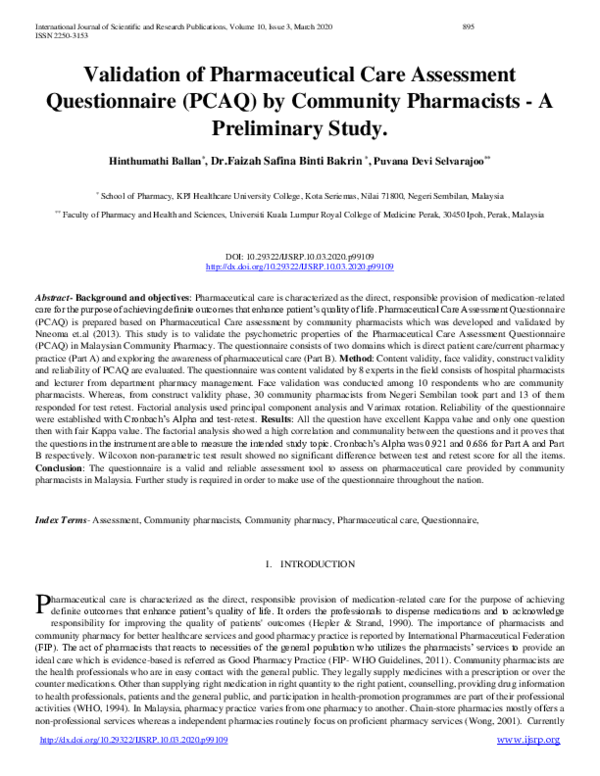 (PDF) Validation of Pharmaceutical Care Assessment Questionnaire (PCAQ ...