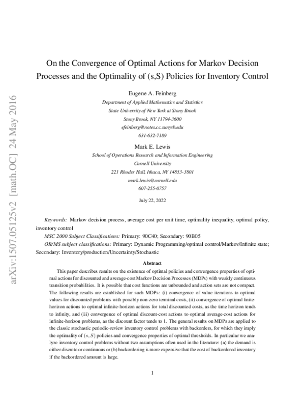 (PDF) On the Convergence of Optimal Actions for Markov Decision ...