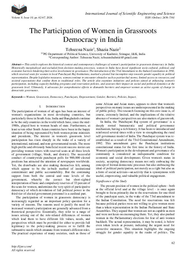 (PDF) The Participation of Women in Grassroots Democracy in India