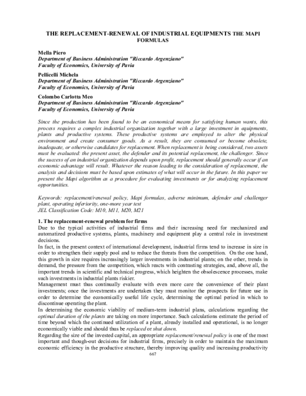 (PDF) The Replacement-Renewal of Industrial Equipments. The Mapi Formulas