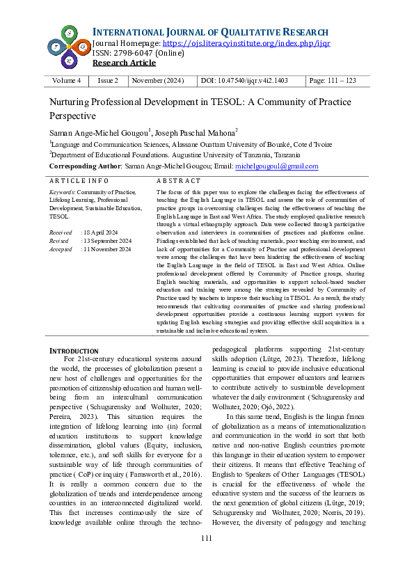 (PDF) Nurturing Professional Development in TESOL: A Community of ...