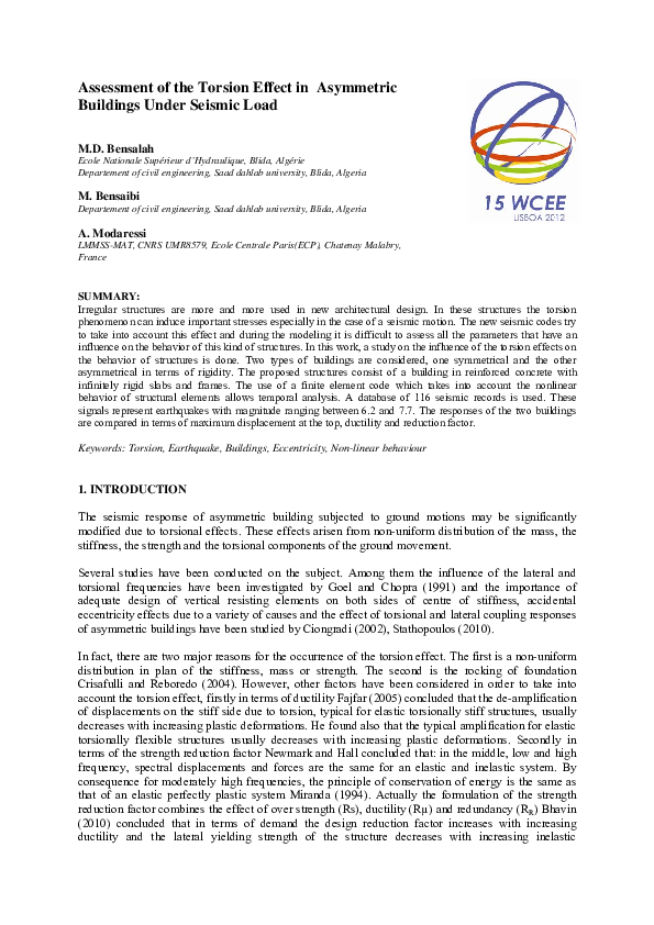 (PDF) Assessment of the Torsion Effect in Asymmetric Buildings under ...