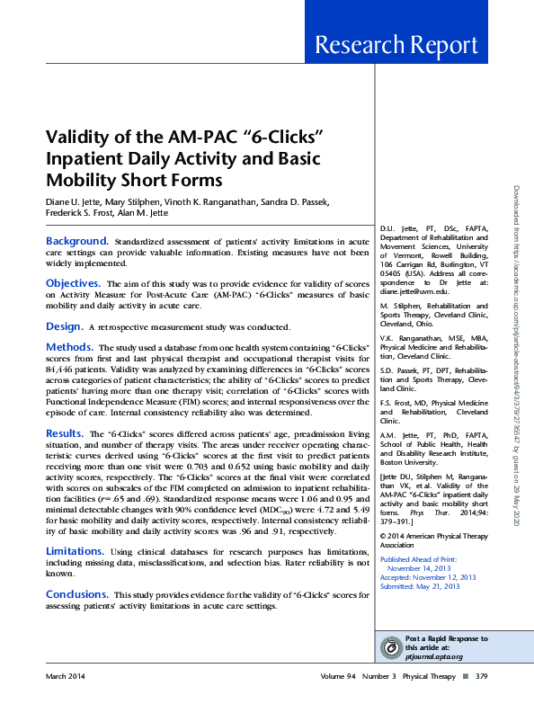 (PDF) Validity of the AM-PAC “6-Clicks” Inpatient Daily Activity and ...