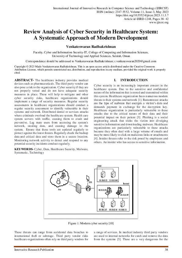(PDF) Review Analysis of Cyber Security in Healthcare System: A ...