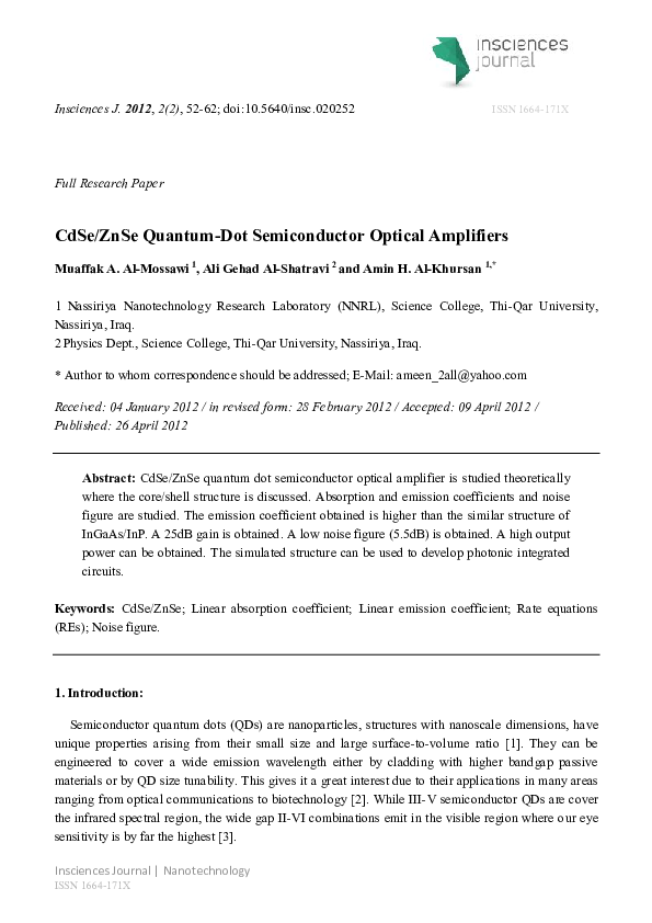(PDF) CdSe/ZnSe Quantum-Dot Semiconductor Optical Amplifiers
