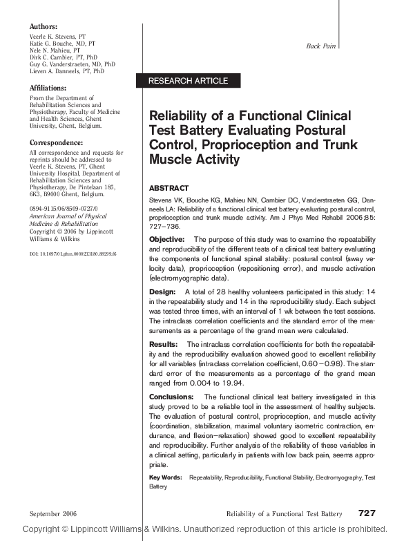 (PDF) Reliability of a Functional Clinical Test Battery Evaluating ...