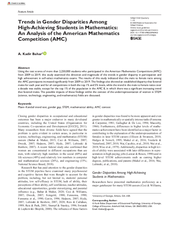 (PDF) Trends in Gender Disparities Among High-Achieving Students in ...