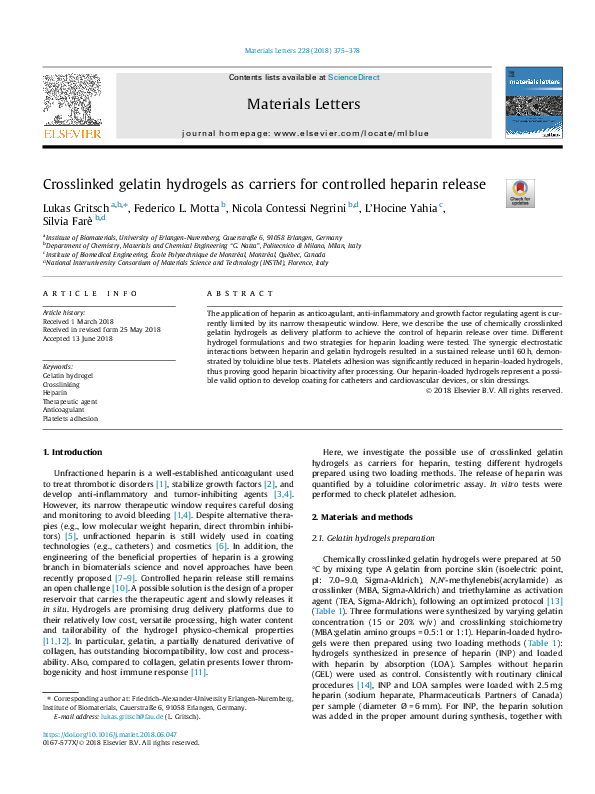 (PDF) Crosslinked gelatin hydrogels as carriers for controlled heparin ...