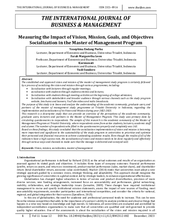 (PDF) Measuring the Impact of Vision, Mission, Goals, and Objectives ...