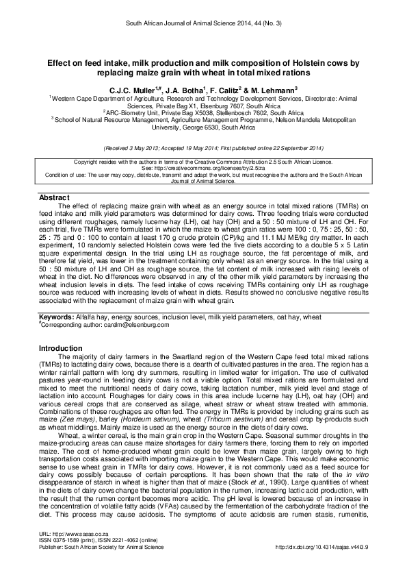 (PDF) Effect on feed intake, milk production and milk composition of ...
