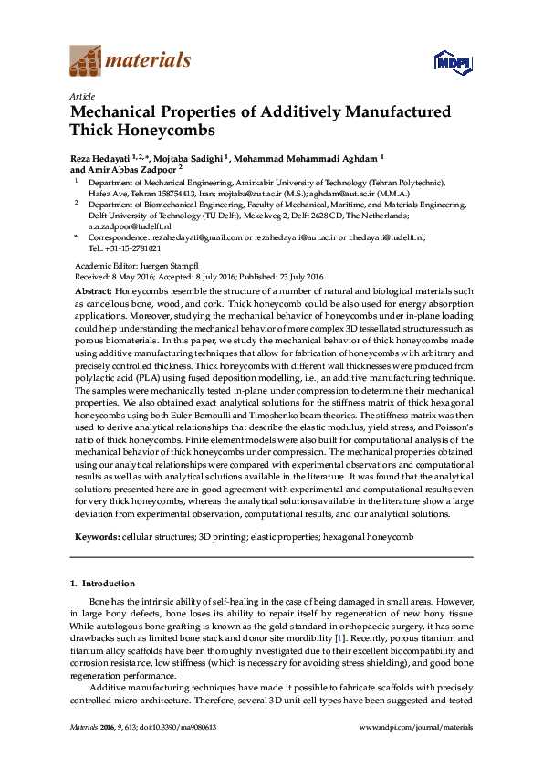 (PDF) Mechanical Properties of Additively Manufactured Thick Honeycombs