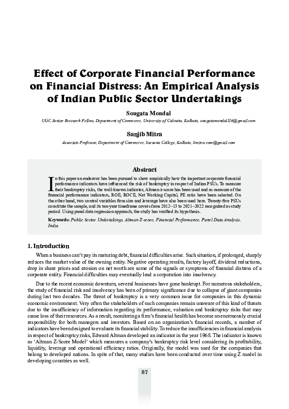 (PDF) Effect of Corporate Financial Performance on Financial Distress ...