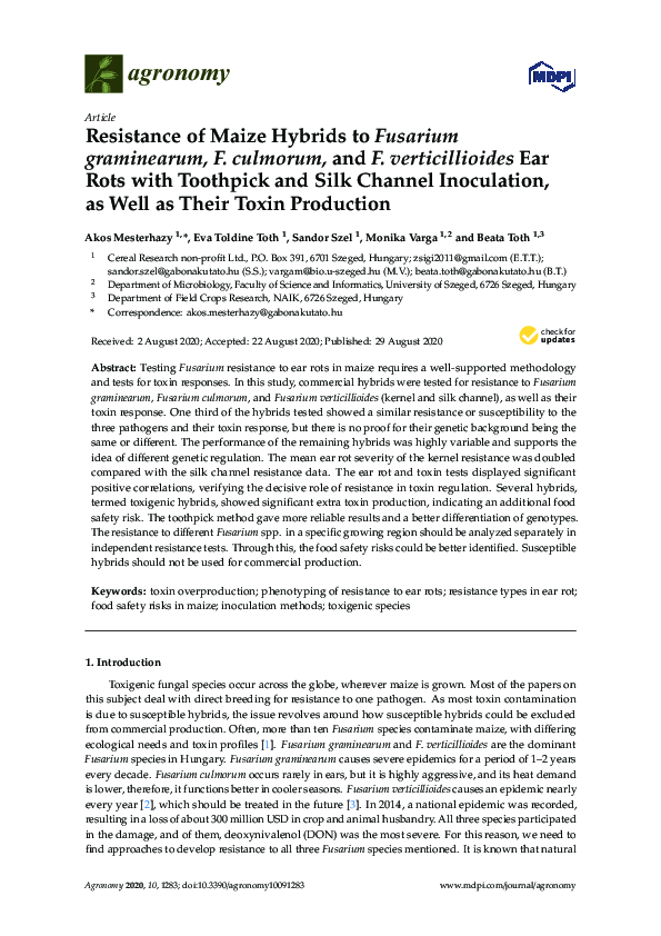 (PDF) Resistance of Maize Hybrids to Fusarium graminearum, F. culmorum ...