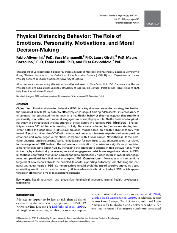 (PDF) Physical Distancing Behavior: The Role of Emotions, Personality ...