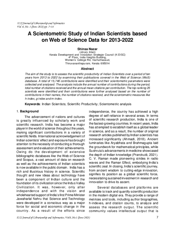 (PDF) A Scientometric Study of Indian Scientists based on Web of ...