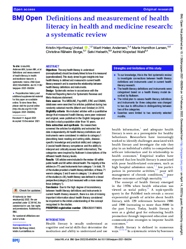 (PDF) Definitions and measurement of health literacy in health and ...