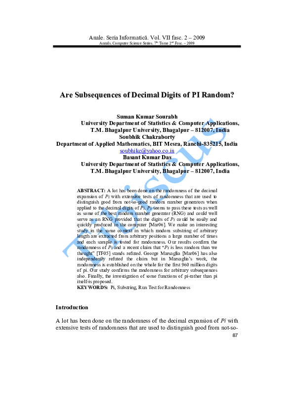 (PDF) Are Subsequences of Decimal Digits of PI Random?