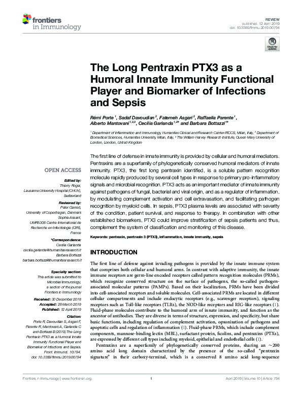 (PDF) The Long Pentraxin PTX3 as a Humoral Innate Immunity Functional ...