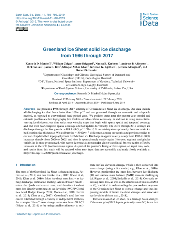 (PDF) Greenland Ice Sheet solid ice discharge from 1986 through 2017