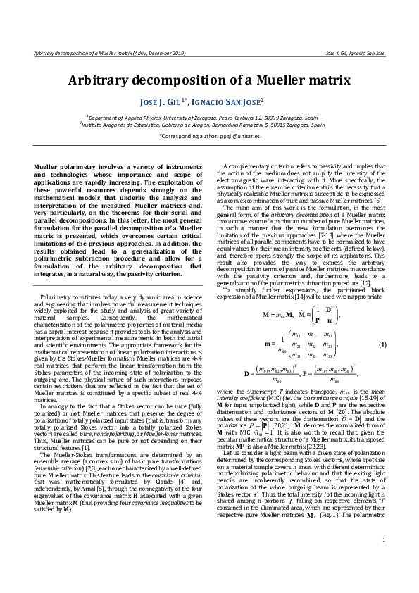 (PDF) Arbitrary decomposition of a Mueller matrix