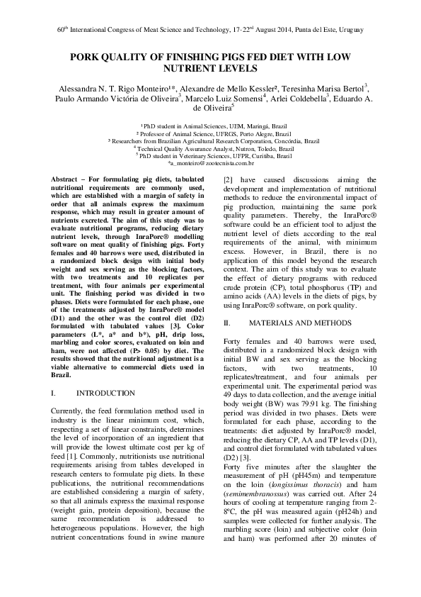 (PDF) Pork quality of finishing pigs fed diet with low nutrient levels
