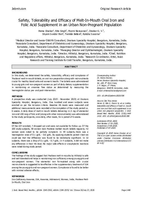 (PDF) Safety, Tolerability and Efficacy of Melt-In-Mouth Oral Iron and ...