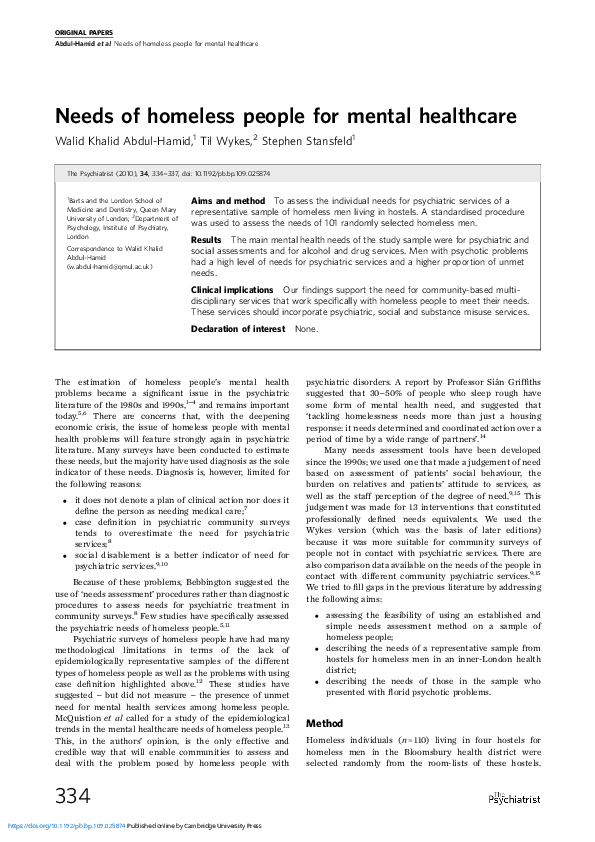 (PDF) Needs of homeless people for mental healthcare