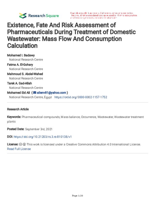 (PDF) Existence, Fate And Risk Assessment of Pharmaceuticals During ...