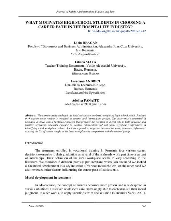 (PDF) What Motivates High School Students in Choosing a Career Path in