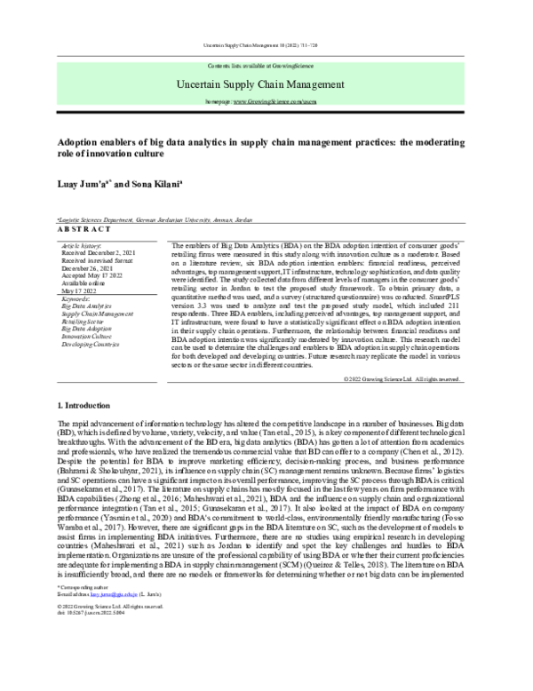(PDF) Adoption enablers of big data analytics in supply chain ...