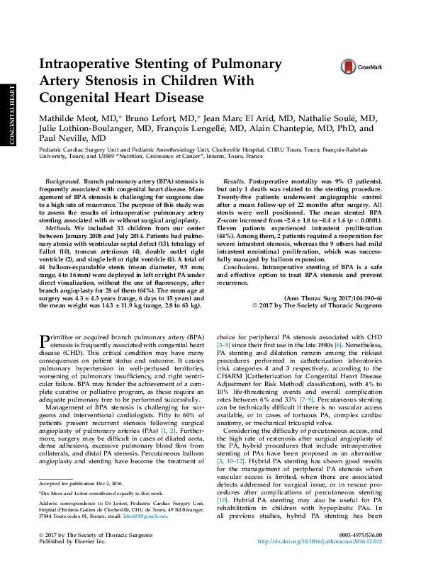(PDF) Intraoperative Stenting of Pulmonary Artery Stenosis in Children ...