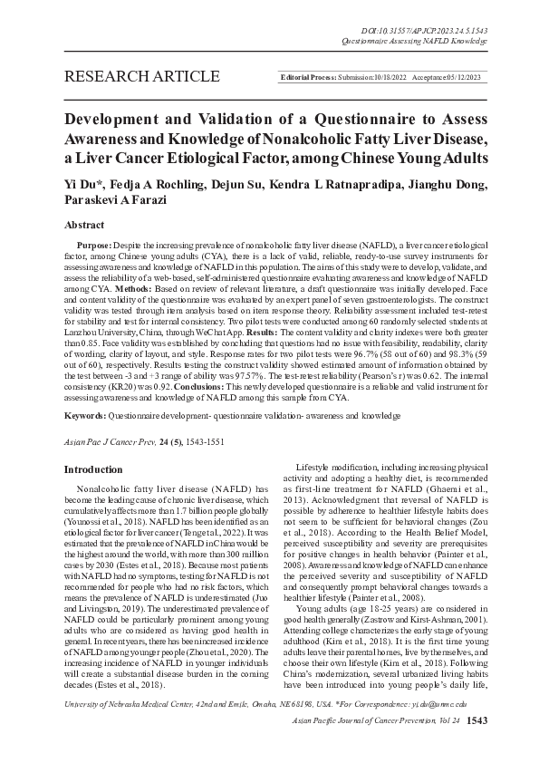 (PDF) Development and Validation of a Questionnaire to Assess Awareness ...