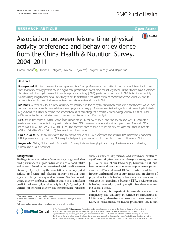 (PDF) Association between leisure time physical activity preference and ...