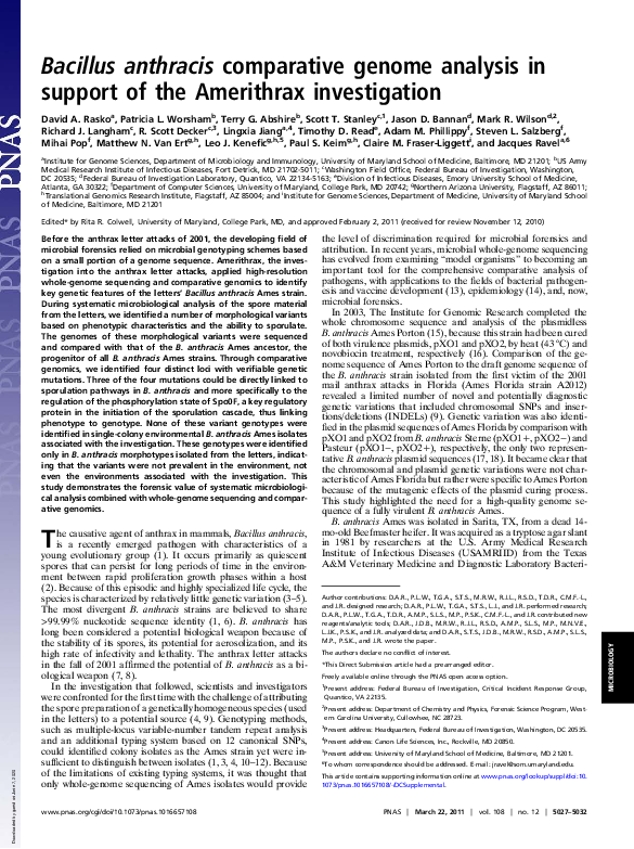(PDF) Bacillus anthracis comparative genome analysis in support of the ...