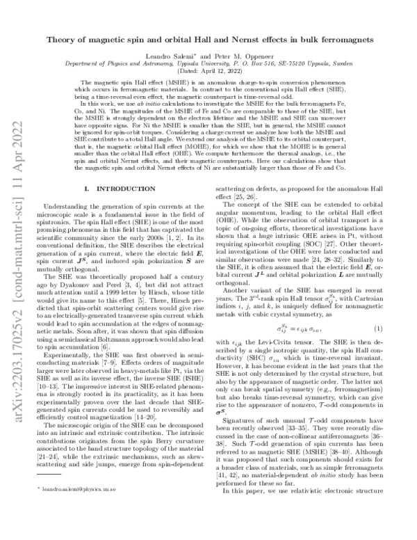 (PDF) Theory of magnetic spin and orbital Hall and Nernst effects in ...