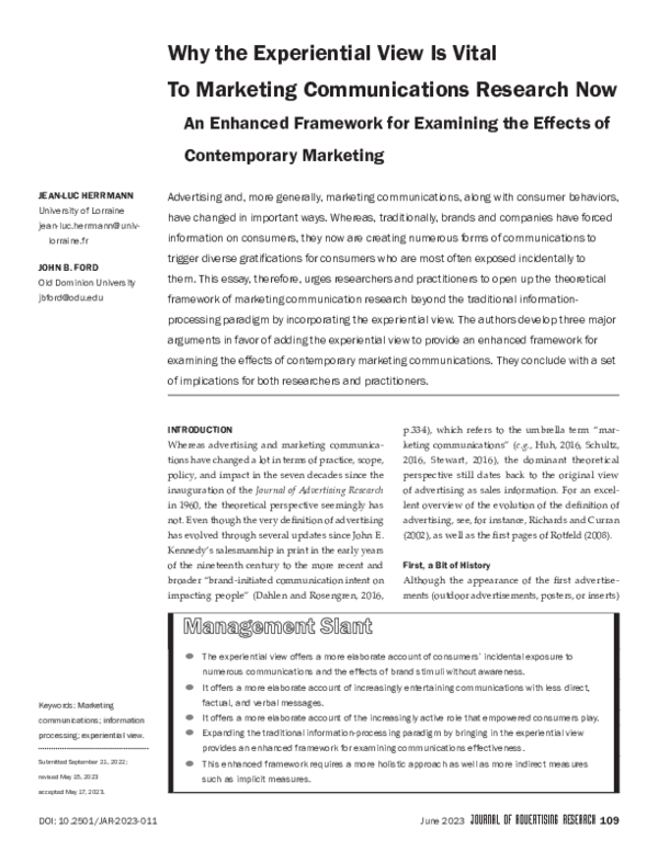 (PDF) Why the Experiential View Is Vital To Marketing Communications ...