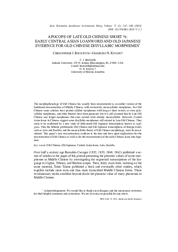 (PDF) Apocope of Late Old Chinese short *ă: Early Central Asian ...