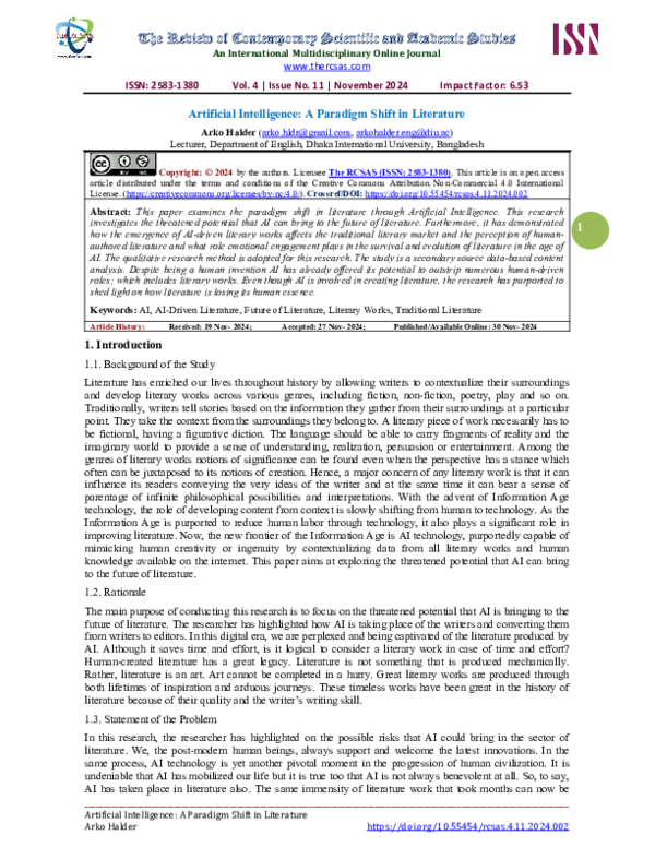 (PDF) Artificial Intelligence: A Paradigm Shift in Literature