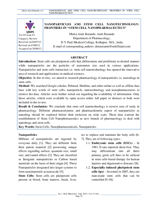 (PDF) NANOPARTICLES AND STEM CELL NANOTECHNOLOGY: FRONTIERS IN "STEM ...