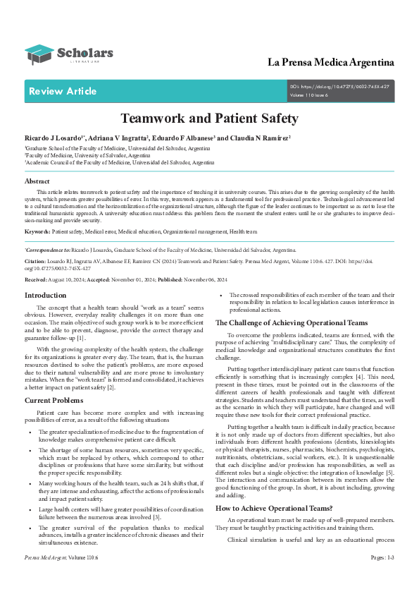 (PDF) Teamwork and Patient Safety