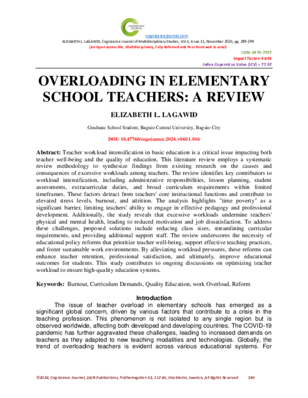 (PDF) OVERLOADING IN ELEMENTARY SCHOOL TEACHERS: A REVIEW