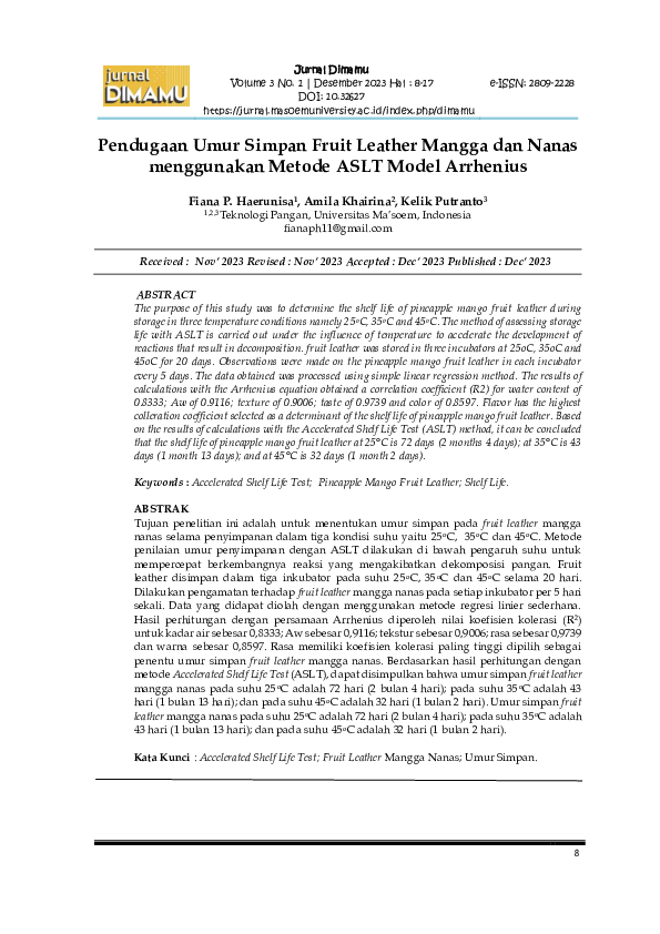 (PDF) Pendugaan Umur Simpan Fruit Leather Mangga dan Nanas menggunakan ...