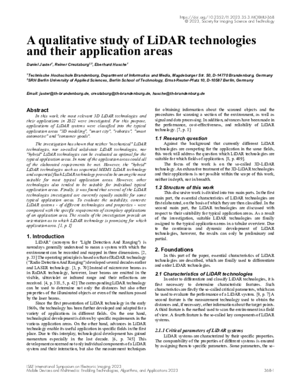 (PDF) A qualitative study of LiDAR technologies and their application areas