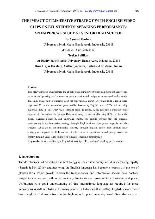 (PDF) The Impact of Immersive Strategy with English Video Clips on Efl ...