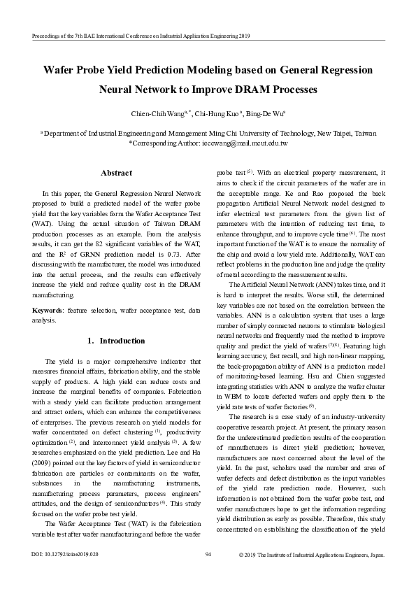 (PDF) Wafer Probe Yield Prediction Modeling based on General Regression ...
