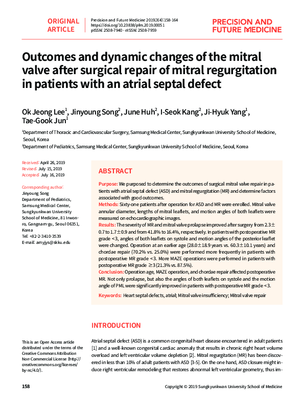 (PDF) Outcomes and dynamic changes of the mitral valve after surgical ...