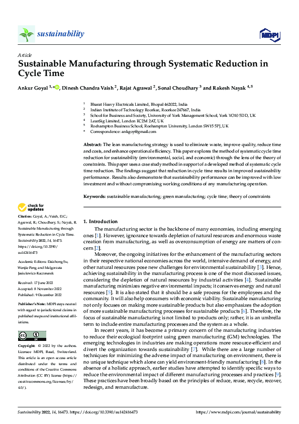 (PDF) Sustainable Manufacturing through Systematic Reduction in Cycle Time
