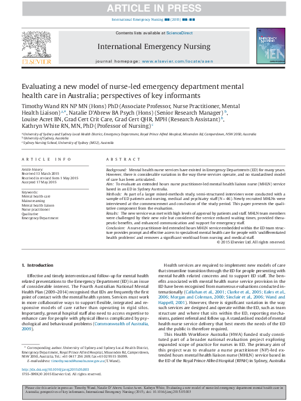 (PDF) Evaluating a new model of nurse-led emergency department mental ...
