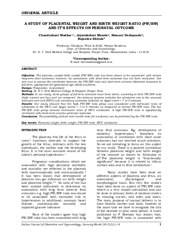 (PDF) A study of placental weight and birth weight ratio (PW/BW) and it ...